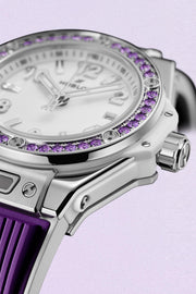 Hublot Big Bang Joyful Steel Purple 485.SV.2210.RX.1205 - cassa acciaio - quadrante bianco lucido - cinturino gomma viola